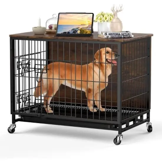 Dog Crate Furniture, 32" Dog Kennel End Table, Wooden Dog Cage with Wheels & Double Doors, Dog Crate Indoor Dog House for Large Medium Dogs image {8}