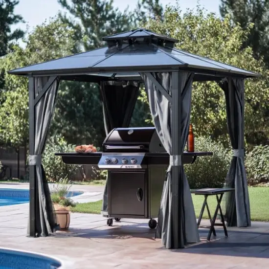 8 ft. x 8 ft. Hardtop Outdoor Gazebo, Polycarbonate Double Roof BBQ Gazebo with Aluminum Frame, Storage Hooks, Curtains image {9}