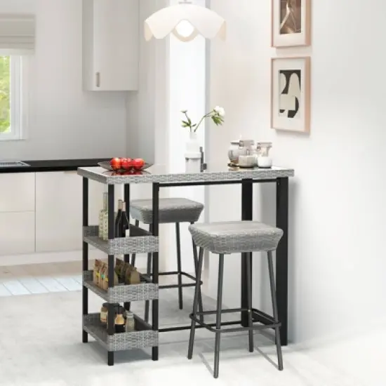 Costway 43.5" Outdoor Bar Table with Tempered Glass Top & 3 Rattan Shelves Storage image {1}
