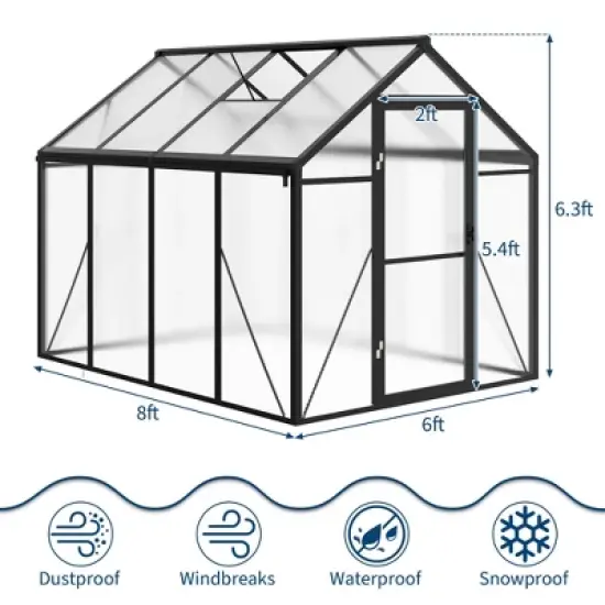 Greenhouse, 6x8 FT Walk-in - Heavy Duty Aluminum Polycarbonate Outdoor Greenhouse with Roof Vent, Sliding Lockable Door, Ground Nails, Black image {1}