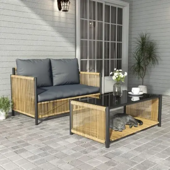Sapphtopaz PE Rattan Outdoor Sofa Set, Minimalist Outdoor Patio Sofa with Gray Cushion, Black Brown Patio Sofas, Set of 2 Single Sofa image {8}