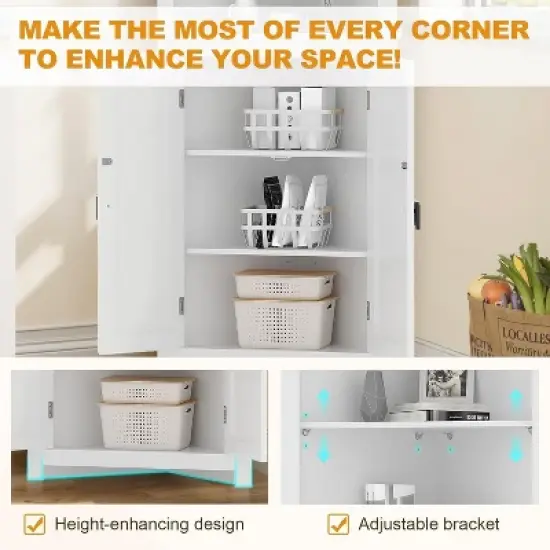 Rattan Corner Wine Cabinet with Adjustable Shelves - Farmhouse Freestanding Storage for Kitchen, Living Room image {2}