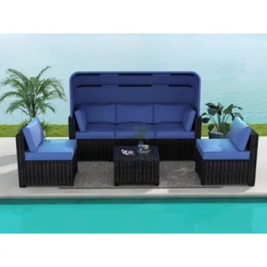 Jojoka 6-Piece Outdoor Sofa Set, Daybed with Retractable Canopy, Patio Lounge with Adjustable Backrests, Chaise Lounge, Garden Furniture image {10}