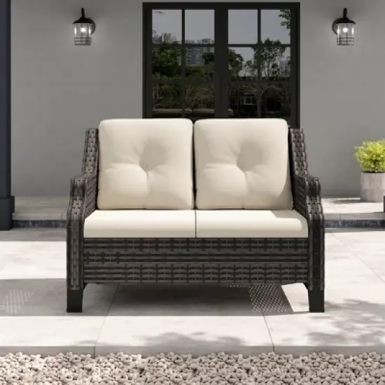 YARDSIGHT Outdoor Wicker Loveseat, 2-Seater Patio Sofa with Thick Cushions, All-Weather Rattan Couch for Garden, Porch, Balcony, Backyard image {1}