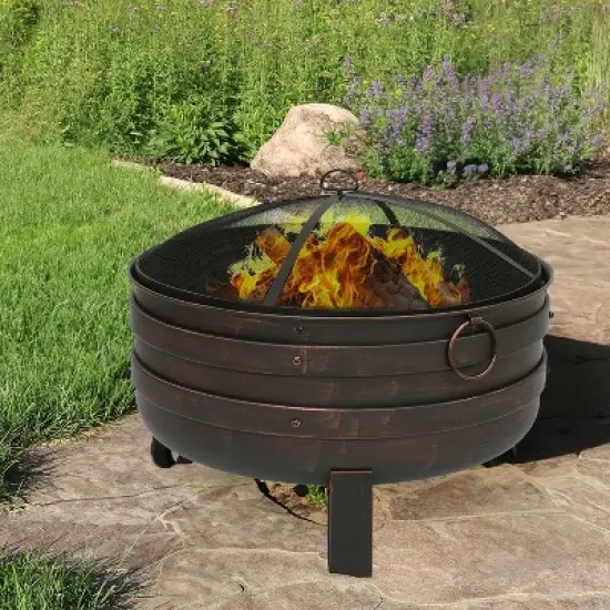 Sunnydaze Heavy-Duty Steel Cauldron Fire Pit with Spark Screen and PVC Protective Cover - 28.5-Inch Round - Brushed Bronze image {1}