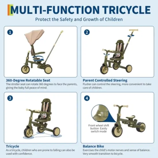 7-in-1 Foldable Tricycles for 1-3 Year Olds, Toddler Bike, Birthday Gift and Toy for Boys and Girls, Toddler Tricycle with Parent Push Handle image {3}