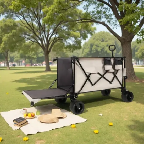 FURNIinspire Outdoor Serving Carts Outdoor Cart, Outdoor Carts With Wheels, Extra Long Beach Cart Outdoor Utility Cart, Beige, 35.43"*22.83"*43.34" image {5}