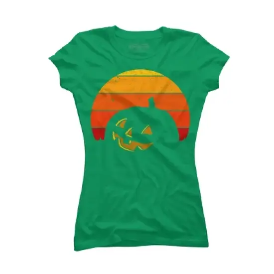 Junior's Design By Humans Vintage Retro Sunset Halloween Pumpkin I By lemonpepper T-Shirt image {7}