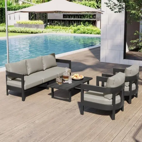 4-Piece Outdoor Patio Conversation Set, Weather-Resistant Metal Frame with Plastic Wood Tabletop, Cushioned Sofa and Chairs - ModernLuxe image {1}