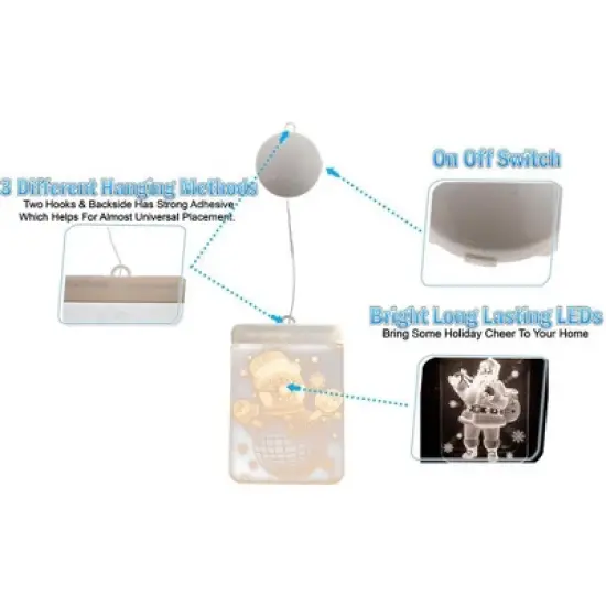 5 Star Super Deals 5pc - 3D Hanging LED Christmas Window Curtain Lights - Holiday Decoration Santa, Snowflake, Jingle Bell, Snowman & Christmas Tree image {2}