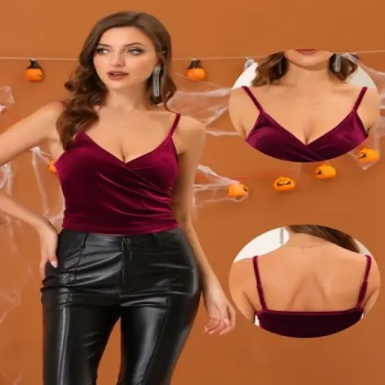 Allegra K Women's Wrap Crop Spaghetti Strap Velvet Cami Tops image {1}