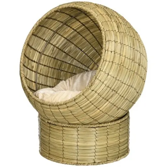 PawHut Cat Basket Bed with Cat Egg Chair Shape, Woven Elevated Cat Bed Kitty House, Raised Wicker Cat Bed for Indoor Cats, 20" Dia. x 23.5" H, Yellow image {3}