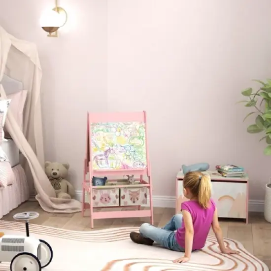 Qaba Toy Box with Lid and Kids Easel with Paper Roll, Blackboard, Whiteboard, Cute Fox Design Kids Activity Furniture Set for Ages 3-8 Years, Pink image {2}