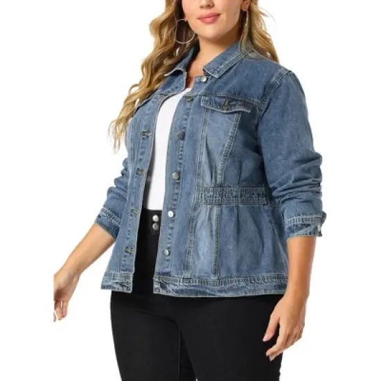 Agnes Orinda Women's Plus Size Classic Denim Washed Front Long Sleeve Jean Jackets image {6}