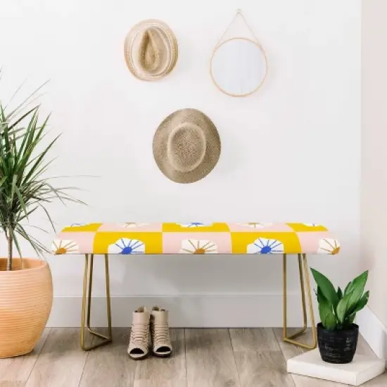 Maritza Lisa White Checkered Flowers Bench Yellow - Deny Designs image {3}