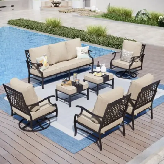 Captiva Designs 7pc Metal Patio Outdoor Conversation Set with Swivel Grid-back Chairs, Ottomans for Garden, Poolside, Backyard image {9}