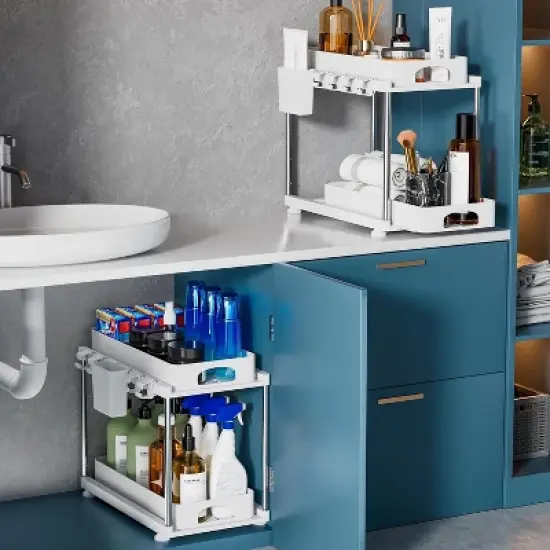 MaseiKar 2 Pack Under Sink Organizer, Under Sink Organizers and Storage for Kitchen Bathroom, Cabinet Organizer with Two Slide-Out Drawers image {8}