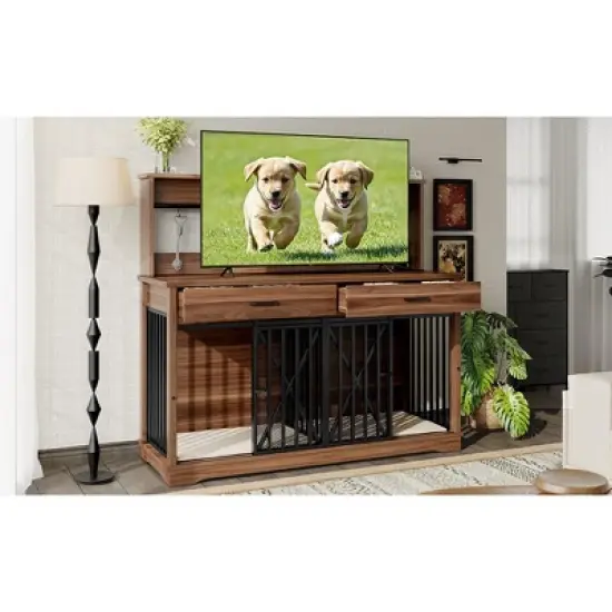 Dog Crate Furniture for Large or 2 Medium Dogs, Heavy Duty Dog Cage Table with 2 Storage Drawers and Shelves,for 2 Dogs with Divider Locks image {10}