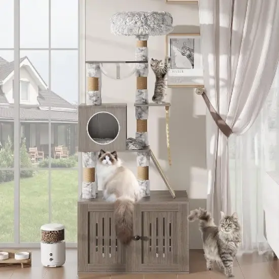 Cat Tree with Litter Box Enclosure, Hidden Litter Box Tree with Sisal Scratching Post and Soft Plush Perch image {3}