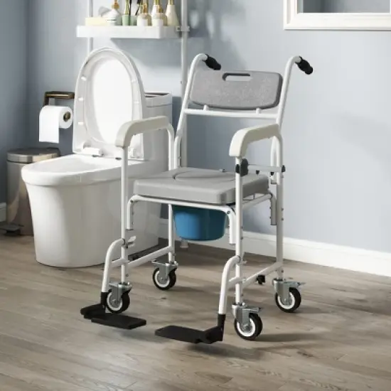 HOMCOM Shower Wheelchair, Commode Wheeled Chair with Seat, Backrest, Arms, Locking Wheels, for Seniors, Adults, Injured or Disabled, Gray image {1}