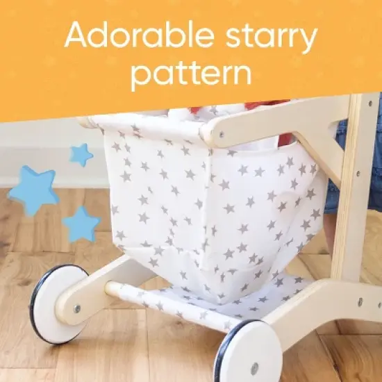 Hearthsong Wooden Shopping Cart for Pretend Play with Natural Finish, Real Rolling Wheel and Removable Cloth Basket image {6}