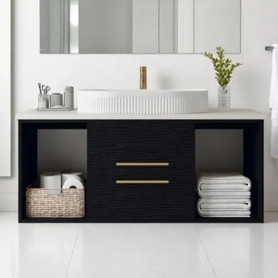 Mshliw 40 Inch Wall Mounted Bathroom Vanity with Oval Ceramic Sink, Floating Solid Wood Cabinet and Open Shelf Storage image {13}