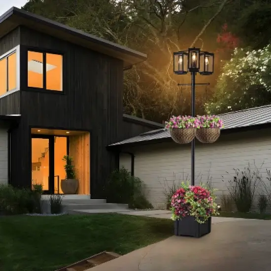 C Cattleya 3-Light 77.5in Black Complete Post Light with Planter and Clear Tempered Glass image {6}