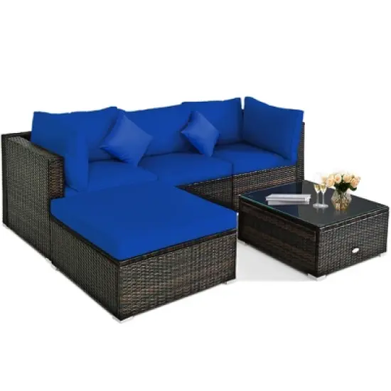 Costway 5PCS Outdoor Patio Rattan Furniture Set Sectional Conversation Turquoise\Navy\Black Cushion image {9}