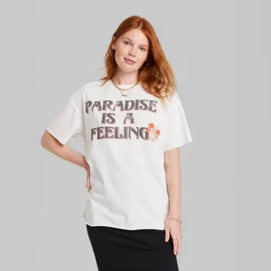 Women's Ascot + Hart Paradise Is A Feeling Short Sleeve Graphic Boyfriend T-Shirt - Off-White image {1}