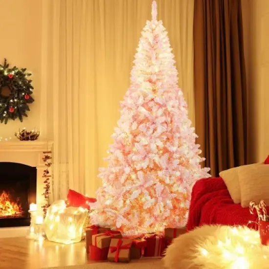 Costway 7.5FT Pre-Lit Snow Flocked Pink Christmas Tree 1100 Tips w/ 450 Lights & 8 Modes image {1}
