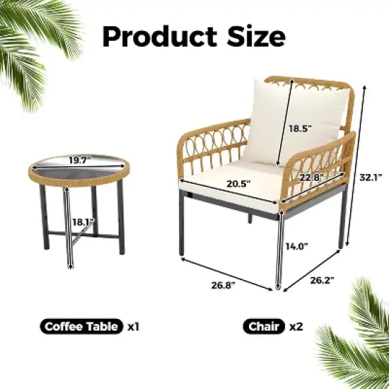 3 Piece Patio Bistro Set, Outdoor Wicker Apartment Balcony Furniture Sets, Rattan Table and Chairs Set of 2, Beige image {2}