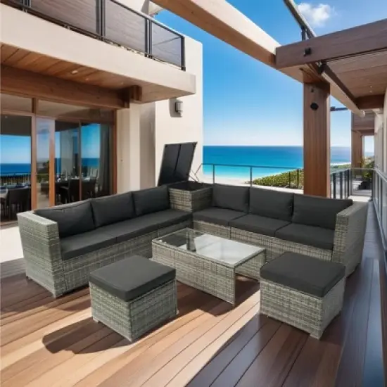 YOOCOZZ 8-Piece Outdoor PE Rattan Sectional Sofa Set with Storage Box, Table, and Stools, Free Combination - Grey image {12}