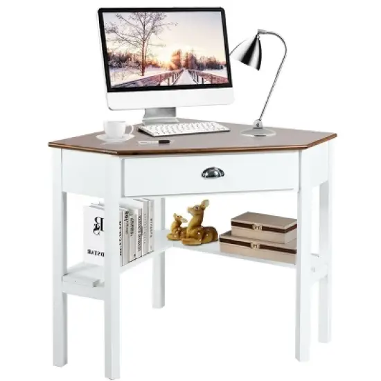 Costway Triangle Computer Desk Corner Office Desk Laptop Table with Drawer Shelves Rustic Brown&Black/White/Black/Coffee/Grey/Natural&White image {13}