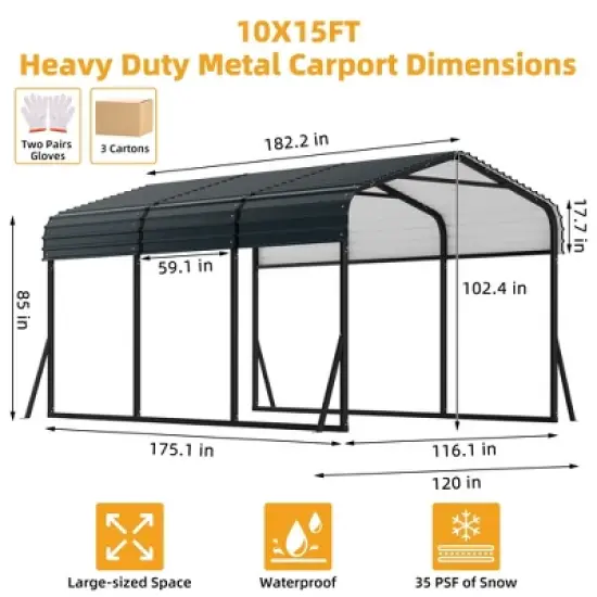 10'x15' Heavy Duty Metal Carport - Galvanized Steel Roof with 100MPH Wind Rating, 35PSF Snow Load for Trucks, Tractors, Boats image {1}