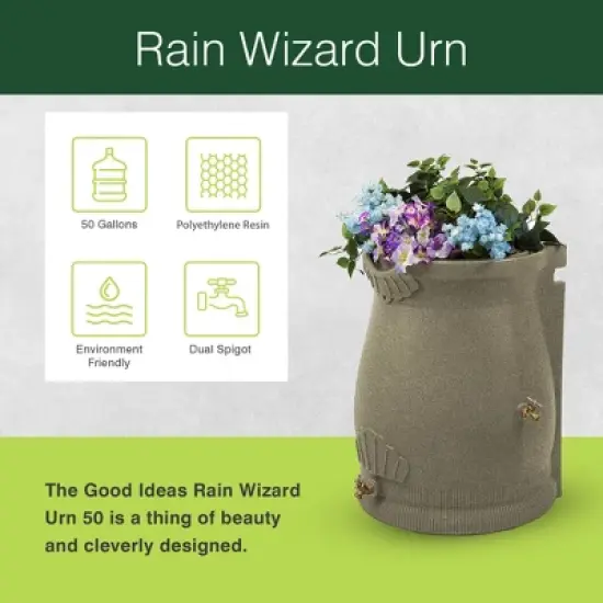 Good Ideas Rain Wizard 50 Gallon Rain Saver Barrel Water Storage Urn with Planter Space and 2 Brass Spigots, Sandstone (3 Pack) image {1}