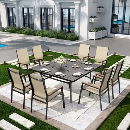 Captiva Designs 9pc Patio Slat-top Square Metal Dining Table & Stackable Textilene Aluminum Chairs image {15}