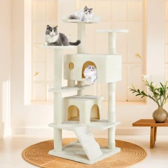 Aukfa 54-Inch Cat Tree Tower with Scratching Posts, Double Condos & Dangling Toys - Beige Pet Playhouse for Kittens and Cats, Multicolor image {5}