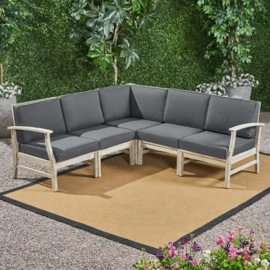 GDFStudio Abena Outdoor Acacia Wood 5 Seater Sectional Sofa Set with Cushions image {2}