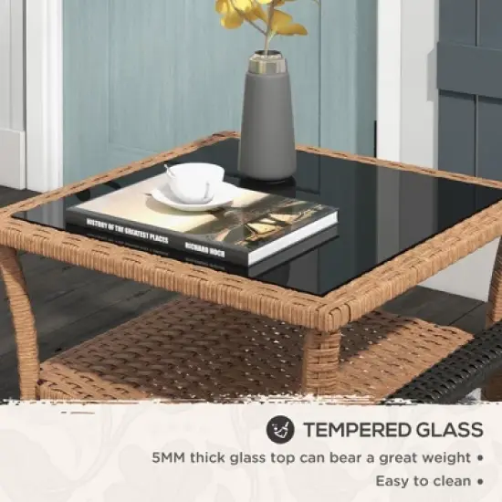MOEPISY Rattan Side Table, with Storage Shelf, Aluminum Frame Square, Coffee Table with Tempered Glass Top image {2}