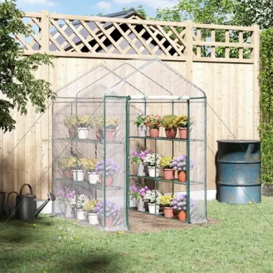 Outsunny Walk-in Greenhouse 4.7' x 4.7' x 6.4' Hot House with 3-Tier Shelving, Roll-Up Door for Outdoor, Garden image {1}