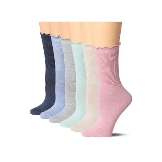 Tipi Toe Womens 6 Pairs Harmonious Neutral-Vibrance Crew Length Turn-Cuff Solid Lettuce Edge Lace Ruffle Socks image {4}