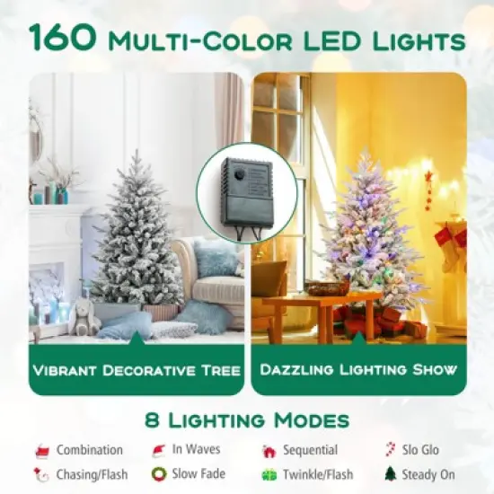 Costway 4.5/6/7 FT Flocked Christmas Tree with 8 Lighting Modes 160/260/350 Multi-Color LED Lights image {8}