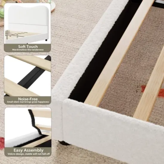 Bed Frame for Kids with Velvet Upholstered Headboard, Cute Low Profile Platform Bed for Girls and Boys, No Box Spring Needed image {3}