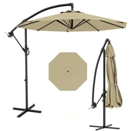 10FT Cantilever Umbrella with Cross Base - 2-6 People, Outdoor Offset Design with Crank Lift, Fade-Resistant Canopy for Deck Pool Garden Backyard image {8}
