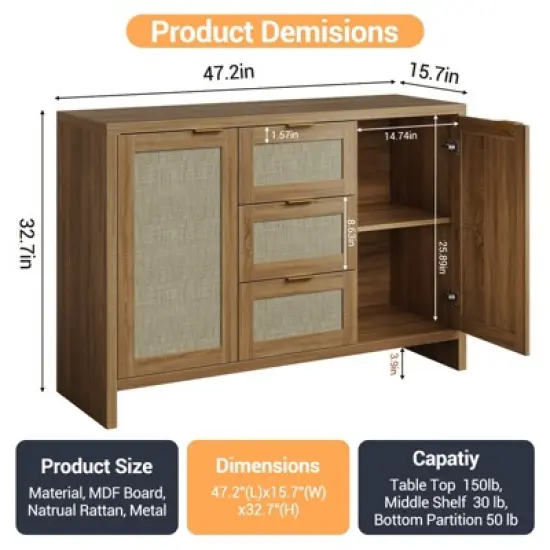 Modern Rattan Buffet Cabinet Sideboard with Storage,47" Boho Credenza Buffet Console Table with Drawers&Doors,Wooden Coffee Bar Cabinet image {1}