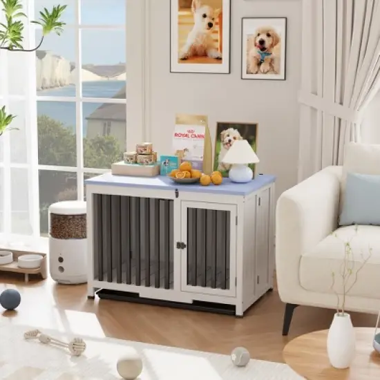 39.5in Furniture Dog Crate, Large/Medium Dog Crate End Table, No Assembly Needed (White and Blue) image {6}