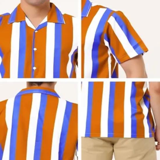 Lars Amadeus Men's Summer Stripe Printed Regular Fit Short Sleeves Button Closure Color Block Shirts image {5}