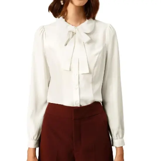 Allegra K Women's Peter Pan Collar Chiffon Bow Tie Neck Puff Sleeve Button Up Shirt image {2}