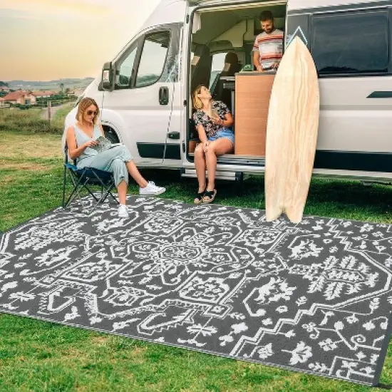 Large Waterproof Outdoor Rug, Reversible Vintage Plastic Straw Patio Mat, Stain-Resistant RV Carpet for Deck, Camping, Balcony, Gray+White 9*18ft image {7}
