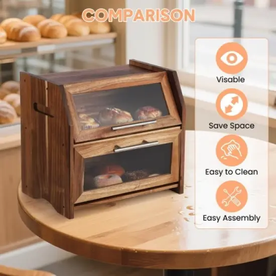 2 Layer Bread Box, Large Bread Bin with Clear Door Panels, Air Vents, Farmhouse Acacia Wood Bread Storage Container, Kitchen Countertop Bread Holder image {3}